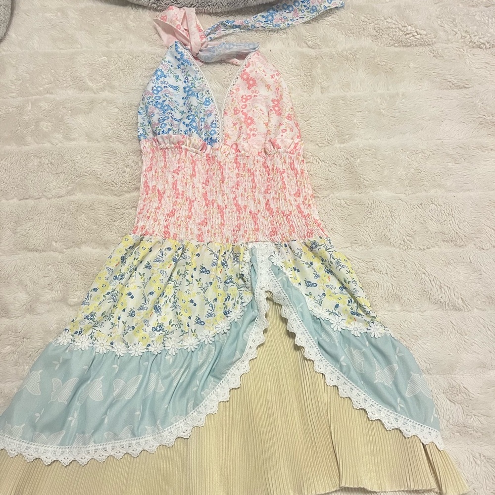 Love shack fancy Floral Patchwork Halter Midi Dress in Pastel Mix
